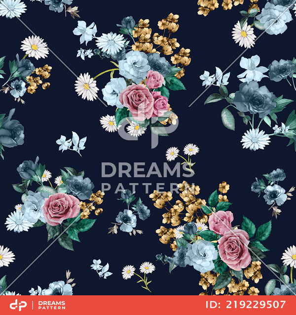 Seamless Watercolor Floral Pattern, Beautiful Flowers Bouquet on Darkblue Background.