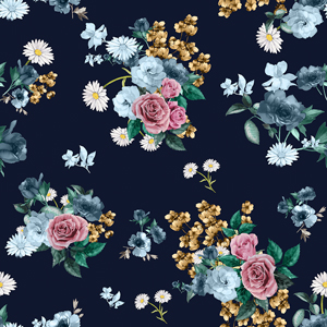 Seamless Watercolor Floral Pattern, Beautiful Flowers Bouquet on Darkblue Background.