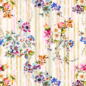 Seamless Colorful Floral Pattern with Chains and Lines, Ready for Fabric Textile Prints.