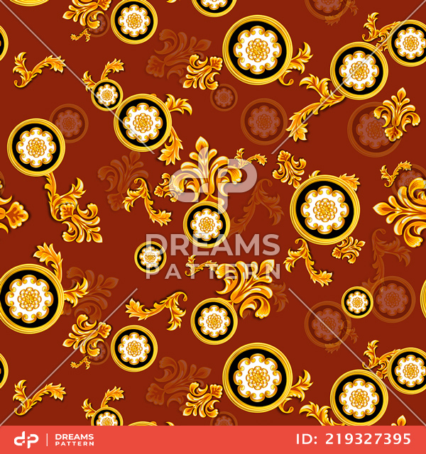 Seamless Pattern of Golden Decorative Motif with Baroque, on Dark Brown Background.