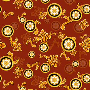Seamless Pattern of Golden Decorative Motif with Baroque, on Dark Brown Background.