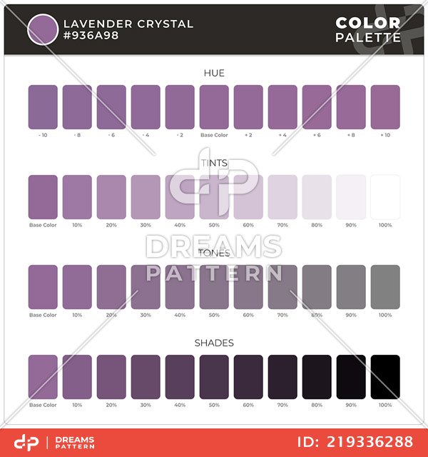 Lavender Crystal / Color Palette Ready for Textile. Hue, Tints, Tones and Shades Guide.
