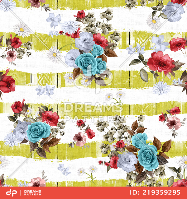 Seamless Beautiful Flowers Bouquet Pattern, with Striped Background.