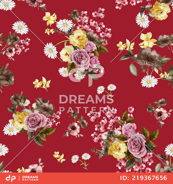 Seamless Watercolor Floral Pattern, Beautiful Flowers Bouquet on Red Background.