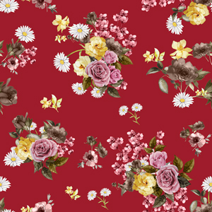 Seamless Watercolor Floral Pattern, Beautiful Flowers Bouquet on Red Background.