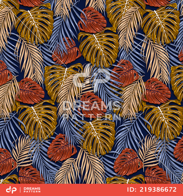 Seamless Tropical Leaves Pattern, Colorful Palm leaves Designed for Textile Print.