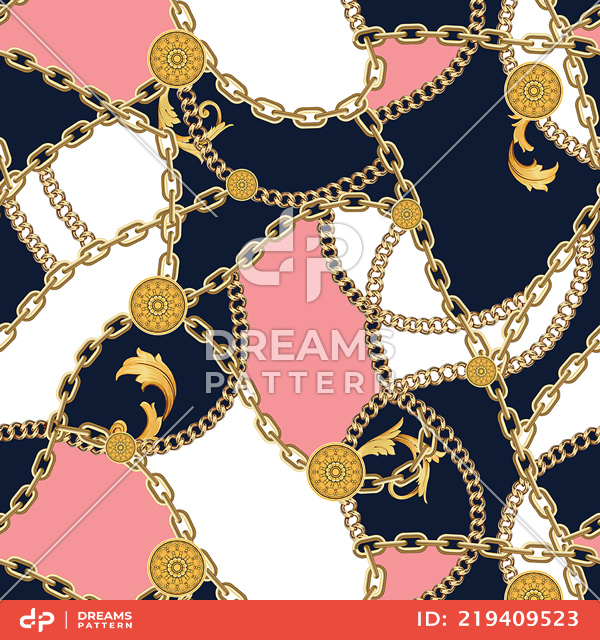 Seamless Pattern with Golden Chains on Dark Blue, Pink and White Background.