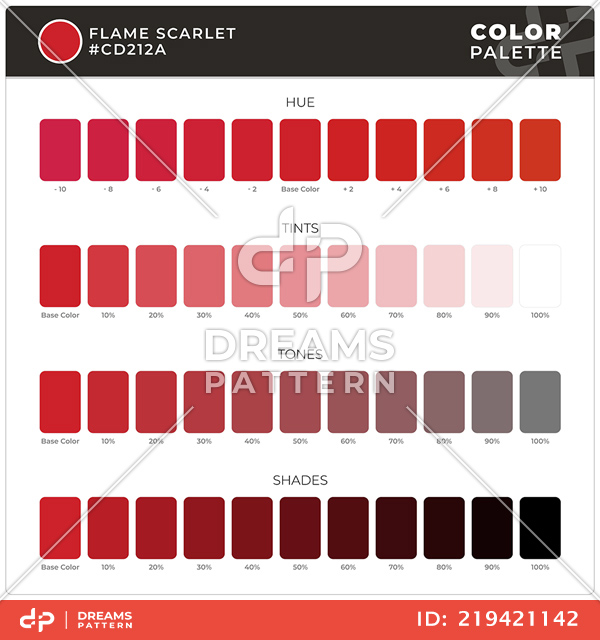 Flame Scarlet / Color Palette Ready for Textile. Hue, Tints, Tones and Shades Guide.