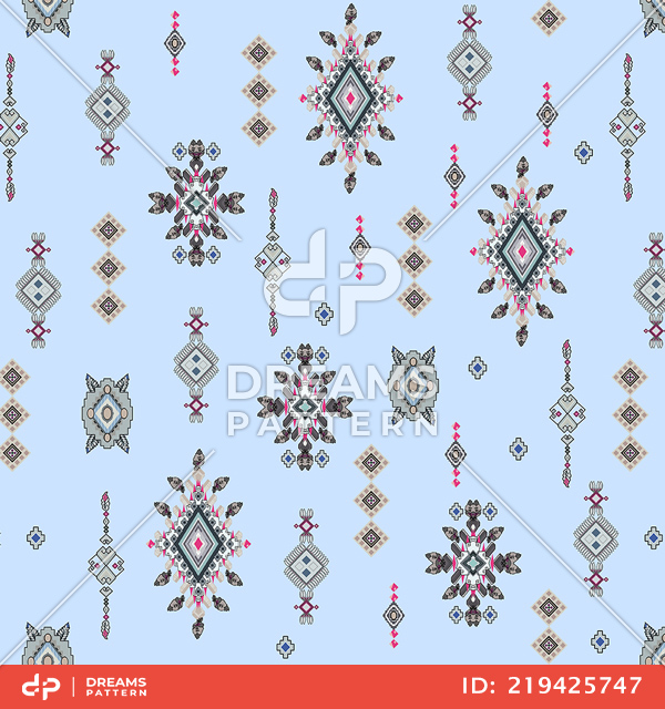 Seamless Colored Ethnic Design on Blue Background Ready for Textile Prints.