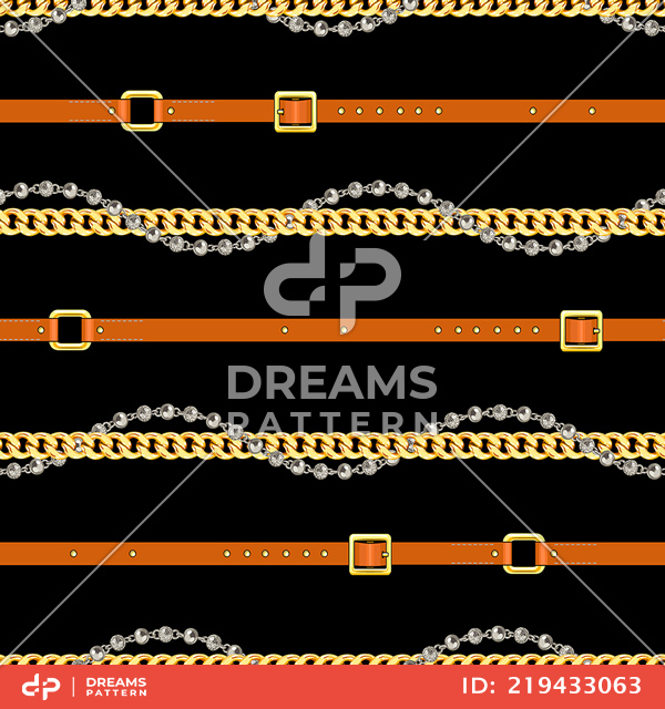 Seamless Pattern of Golden and Silver Chains with Belts, Designed for Textile Prints.