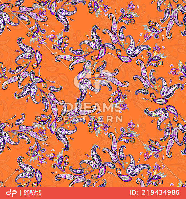 Seamless Colorful Paisley Pattern on Orange Background, Ready for Textile Prints.