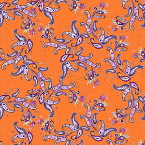 Seamless Colorful Paisley Pattern on Orange Background, Ready for Textile Prints.
