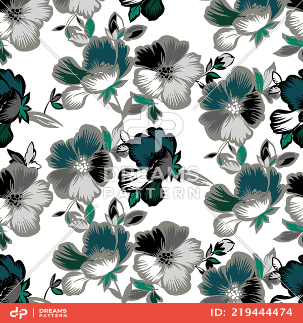 Seamless Design of Big Flowers on White background Ready for Textile Prints.