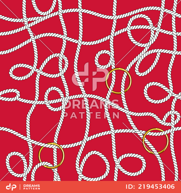 Seamless White Marine Ropes Pattern with Golden Rings on Red background.