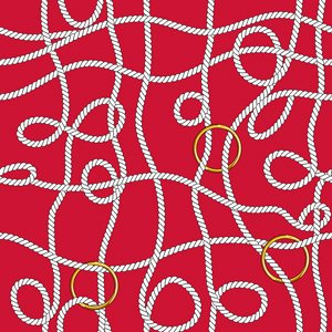 Seamless White Marine Ropes Pattern with Golden Rings on Red background.