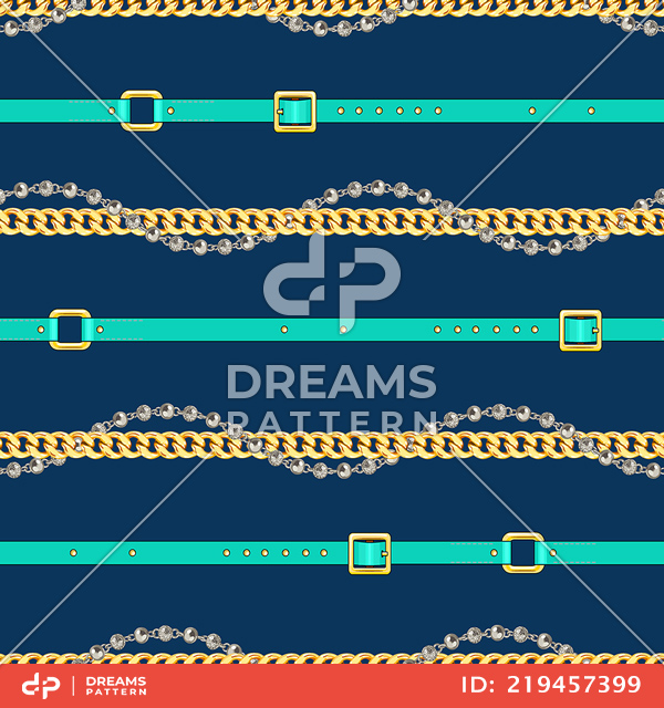 Seamless Pattern of Golden and Silver Chains with Belts, Designed for Textile Prints.