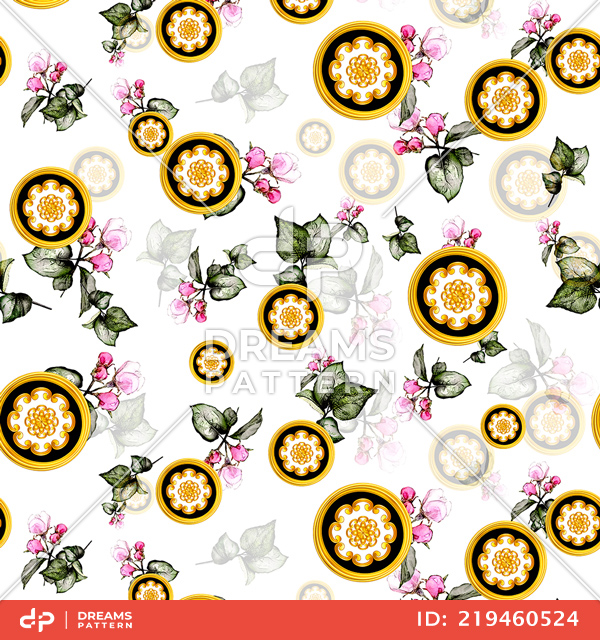 Seamless Golden Decorative Motif with Flowers on White Background.