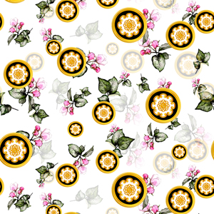 Seamless Golden Decorative Motif with Flowers on White Background.