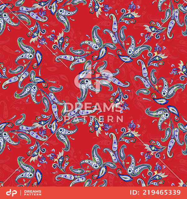Seamless Colorful Paisley Pattern on Red Background, Ready for Textile Prints.