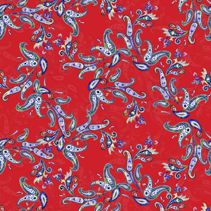 Seamless Colorful Paisley Pattern on Red Background, Ready for Textile Prints.