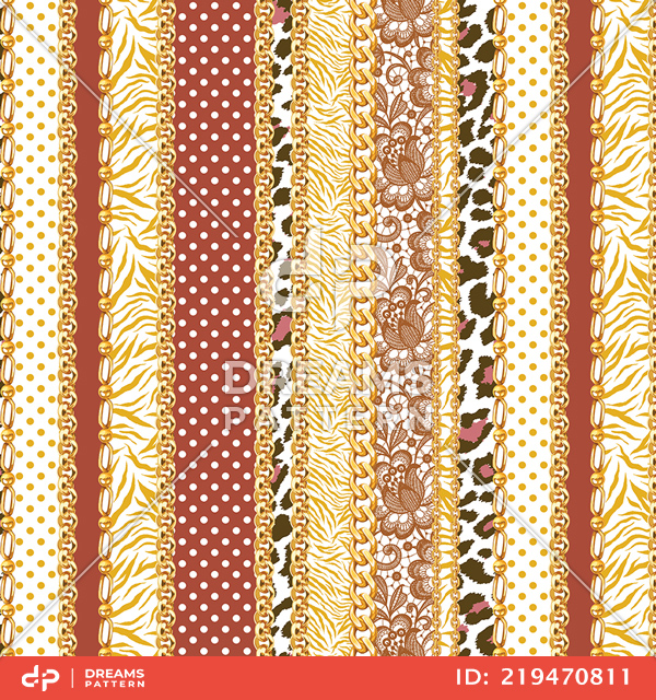 Seamless Mix Pattern of Vertical Golden Chains, Leopard, Zebra, Lace and Dots.