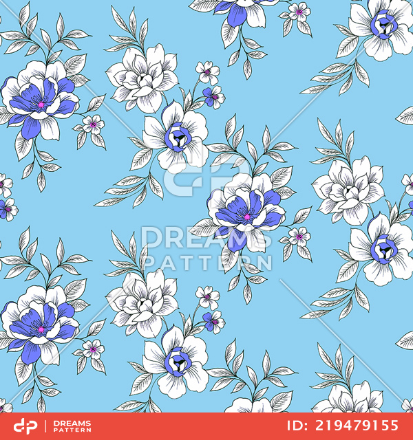 Seamless Hand Drawn Floral Pattern, Vintage Flowers on Blue Background.