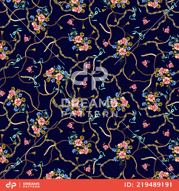 Seamless Pattern Full of Flowers, Belts and Chains; Retro style.