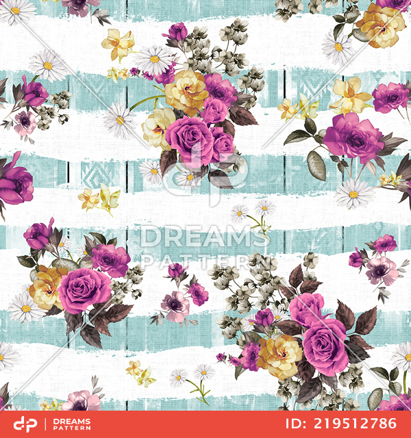 Seamless Beautiful Flowers Bouquet Pattern, with Striped Background.