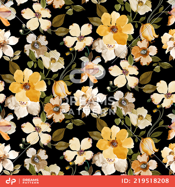 Seamless Hand Drawn Floral Design, Beautiful Flowers on Black Background.