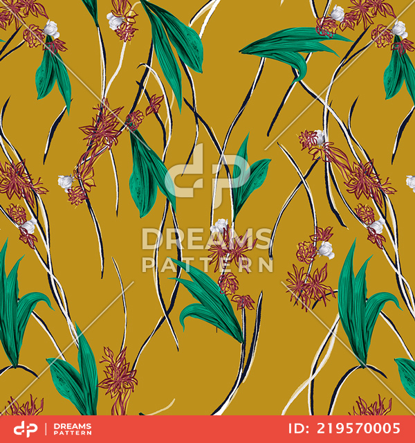 Modern Design for Fashion, Seamlees Hand Drawn Flowers with Leaves on Yellow Background.