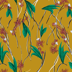 Modern Design for Fashion, Seamlees Hand Drawn Flowers with Leaves on Yellow Background.