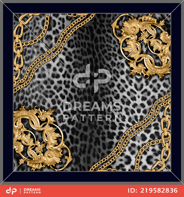 Modern Art for Silk Scarf Shawl, Golden Chains on Leopard Skin Background.