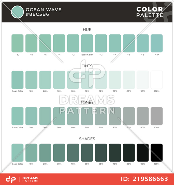 Ocean Wave / Color Palette Ready for Textile. Hue, Tints, Tones and Shades Guide.
