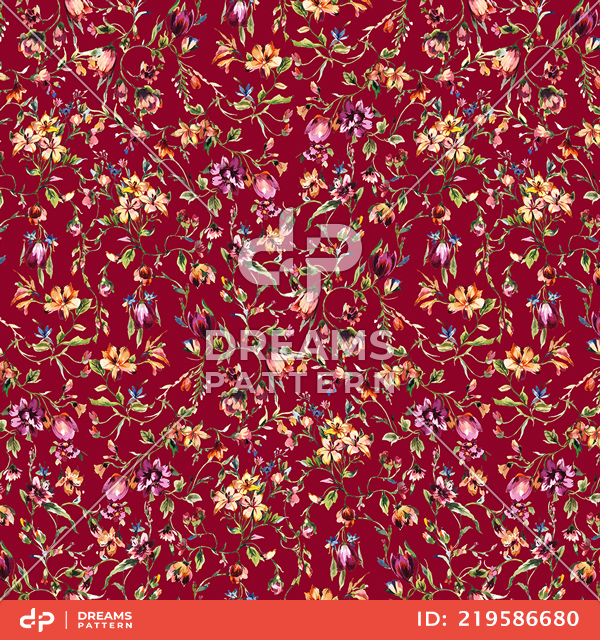 Seamless Watercolor Floral Pattern on Red Background, Ready for Textile Prints.