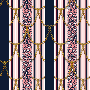 Seamless Pattern of Golden Chains on Striped background with Leopard Skin.