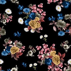 Seamless Watercolor Floral Pattern, Beautiful Flowers Bouquet on Black Background.