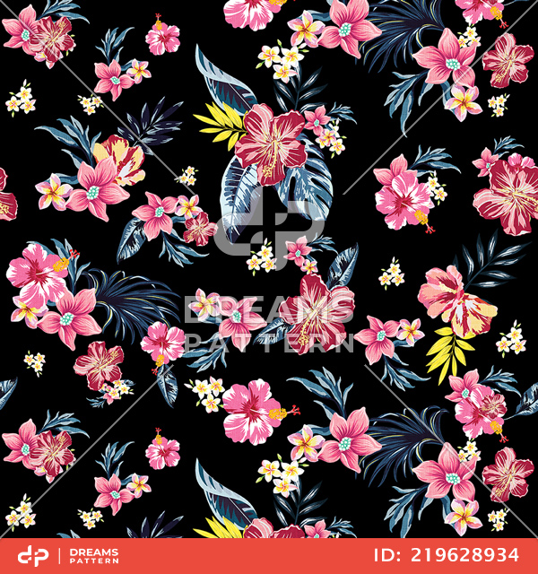 Seamless Colored Tropical Flowers; Hawaiian Floral Pattern, on Black Background.