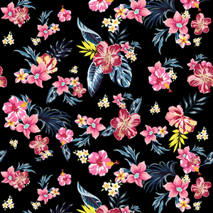 Seamless Colored Tropical Flowers; Hawaiian Floral Pattern, on Black Background.