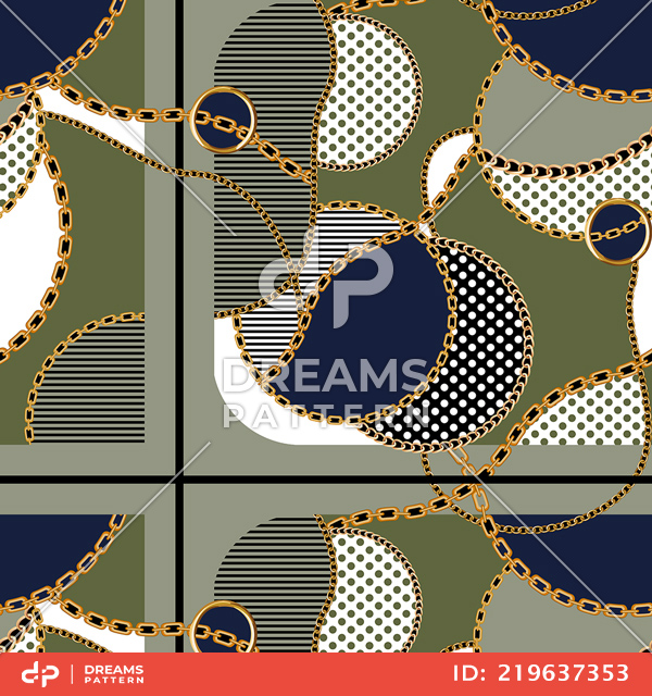 Seamless Colored Pattern with Golden Chains, Dots and Lines Patch for Textile Prints.