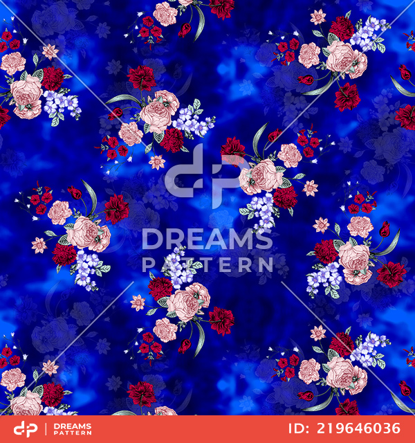 Seamless Colored Floral Pattern On Dark Blue Background, Designed for Textile Prints.