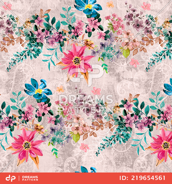 Seamless Watercolor Floral Pattern. Repeated Design of Small Flowers and Leaves.