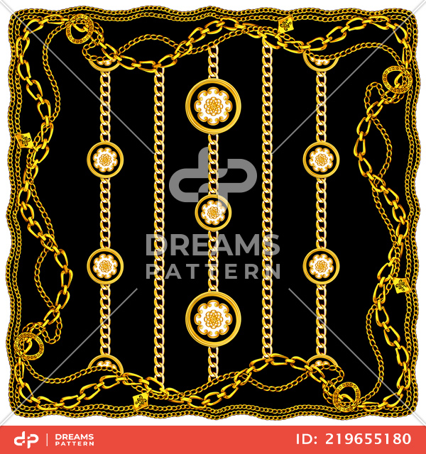 Luxury Jewelry Shawl Pattern, Modern Style Scarf Design with Golden Chains.
