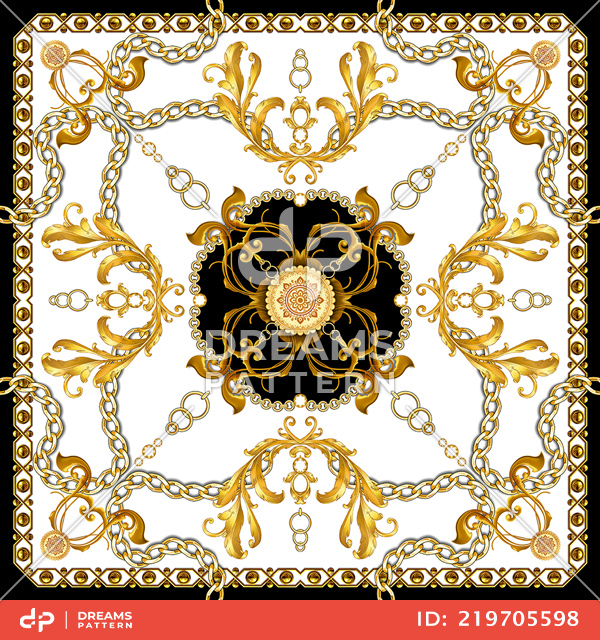 Luxury Scarf Design with Golden Chains and Baroque, Jewelry Shawl Pattern.