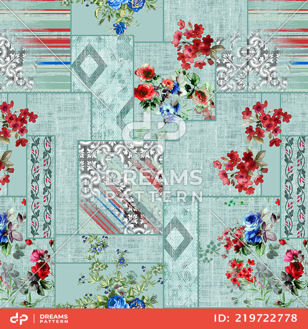 Seamless Patchwork Pattern with Flowers and Lines. Ethnic Indian Style.