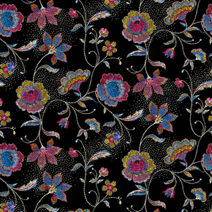 Hand Drawn Floral Pattern on Black Background. Ready for Textile Prints.