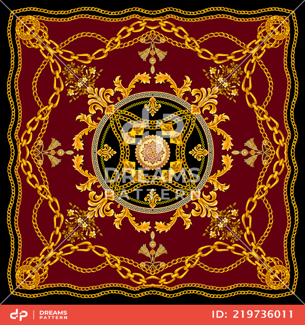 Luxury Scarf Design with Golden Chains and Baroque, Jewelry Shawl Pattern.