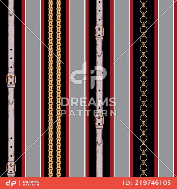 Seamless Pattern of Golden Chains and Belts on Striped background.