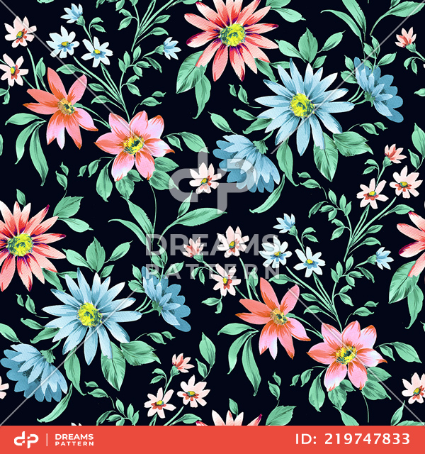 Seamless Watercolor Floral Design with Leaves on Dark Blue Background.