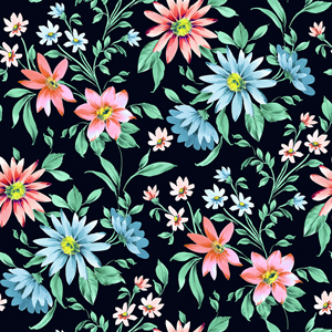 Seamless Watercolor Floral Design with Leaves on Dark Blue Background.