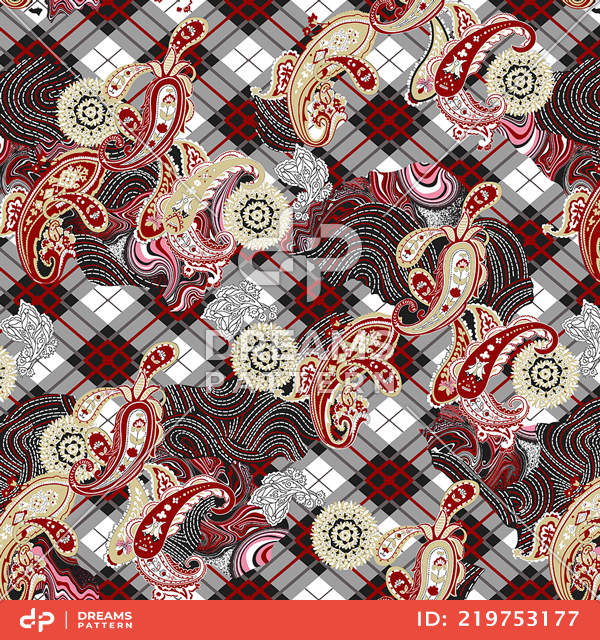 Seamless Plaid Striped Pattern, Geometric Paisley Ethnic Style, Ready for Textile Prints.